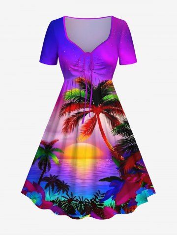 Plus Size Coconut Tree Sun Flowers Seascape Print Cinched Hawaii Dress - PURPLE - 3X