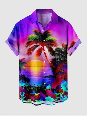 Plus Size Coconut Tree Sun Flowers Seascape Print Buttons Pocket Hawaii Shirt For Men - PURPLE - 6XL