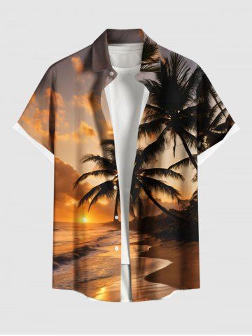 Plus Size Coconut Tree Sea Beach Ombre Sunset Print Hawaii Button Pocket Shirt For Men - ORANGE - 6XL