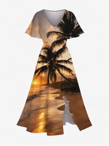 Plus Size Coconut Tree Sea Beach Ombre Sunset Print Hawaii Split Pocket A Line Midi Dress - ORANGE - 2X