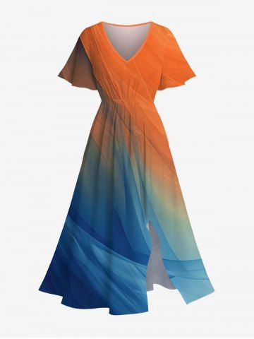 Plus Size Ombre Desert Print Hawaii Split Pocket A Line Midi Dress - DARK ORANGE - L