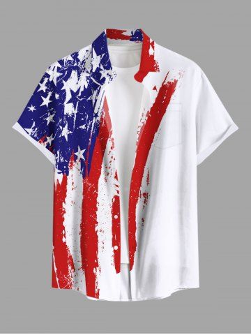 Plus Size Painting Patriotic American Flag Print Button Pocket Shirt For Men - WHITE - S