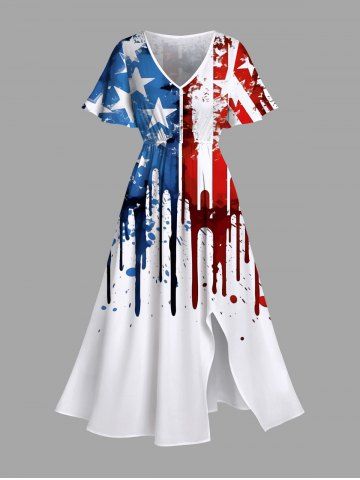 Plus Size Painting Splatter Patriotic American Flag Print Split Pocket A Line Midi Dress - WHITE - 4X