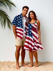 Tenue assortie grande taille à imprimé tête de mort et drapeau américain patriotique pour couples - Rouge 