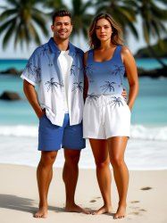 Ensemble chemise et barboteuse hawaïennes assorties, tenue de plage grande taille, imprimé cocotier ombré colorblock, pour couples - Bleu 