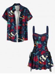 Skull Rose Flower Heart Diamond Print Plus Size Matching Outfit For Couples -  