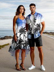 Coconut Tree Sea Waves Cloud Print Plus Size Matching Hawaii Beach Outfit For Couples -  