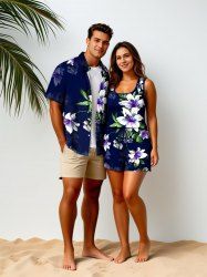 Ensemble chemise et barboteuse hawaïennes assorties, grande taille, imprimé fleurs de lys et feuilles, pour couples - Noir 