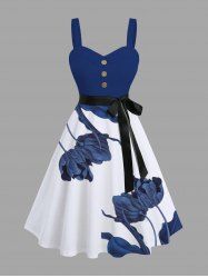 Plus Size Flower Leaf Branch Print Hawaii Button A Line Tank Dress with Removable Belt -  