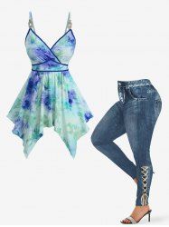 Tie Dye Graphic Flower Flocking Surplice Handkerchief Top and Distressed Ombre Denim Print Leggings Plus Size Outfit -  