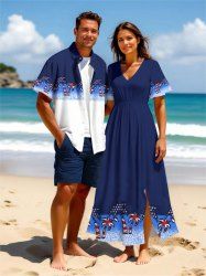 Tenue de plage hawaïenne assortie grande taille, motif drapeau américain patriotique, imprimé cocotier, blocs de couleurs contrastés, pour couples - Bleu profond 