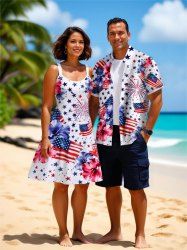 Patriotic American Flag Fireworks Hibiscus Floral Print Plus Size Matching Hawaii Beach Outfit For Couples -  