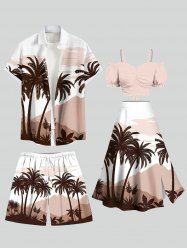 Tenue de plage hawaïenne assortie grande taille à imprimé cocotiers, montagnes et nuages, pour couples - café 