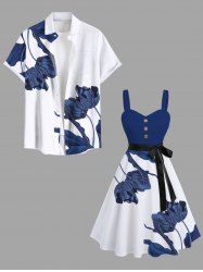 Tenue de plage hawaïenne assortie grande taille à imprimé floral et feuilles pour couples - Bleu 