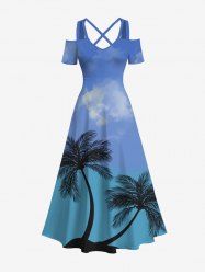 Robe longue hawaïenne grande taille à imprimé cocotiers, épaules dénudées et croisées, coupe trapèze - Bleu 5X