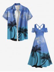 Tenue de plage hawaïenne assortie grande taille à imprimé cocotier et ciel ombré pour couples - Bleu 
