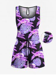 Plus Size Tropical Leaf Hibiscus Flower Skulls Print Cinched Hawaii Romper -  
