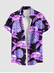 Chemise hawaïenne grande taille à imprimé feuilles tropicales, hibiscus, fleurs et crânes, boutons et poches pour homme - Noir 5XL
