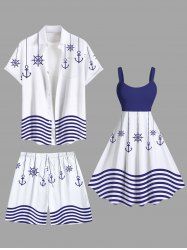 Tenue de plage hawaïenne assortie grande taille à imprimé ancre et vagues pour couples - Blanc 