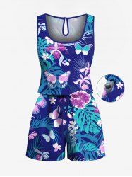 Plus Size Butterfly Hibiscus Flowers Tropical Leaf Print Cinched Hawaii Romper -  