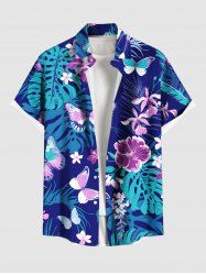 Plus Size Butterfly Hibiscus Flowers Tropical Leaf Print Buttons Pocket Hawaii Shirt For Men -  