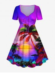 Plus Size Coconut Tree Sun Flowers Seascape Print Cinched Hawaii Dress -  