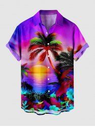 Plus Size Coconut Tree Sun Flowers Seascape Print Buttons Pocket Hawaii Shirt For Men -  