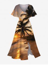 Plus Size Coconut Tree Sea Beach Ombre Sunset Print Hawaii Split Pocket A Line Midi Dress -  