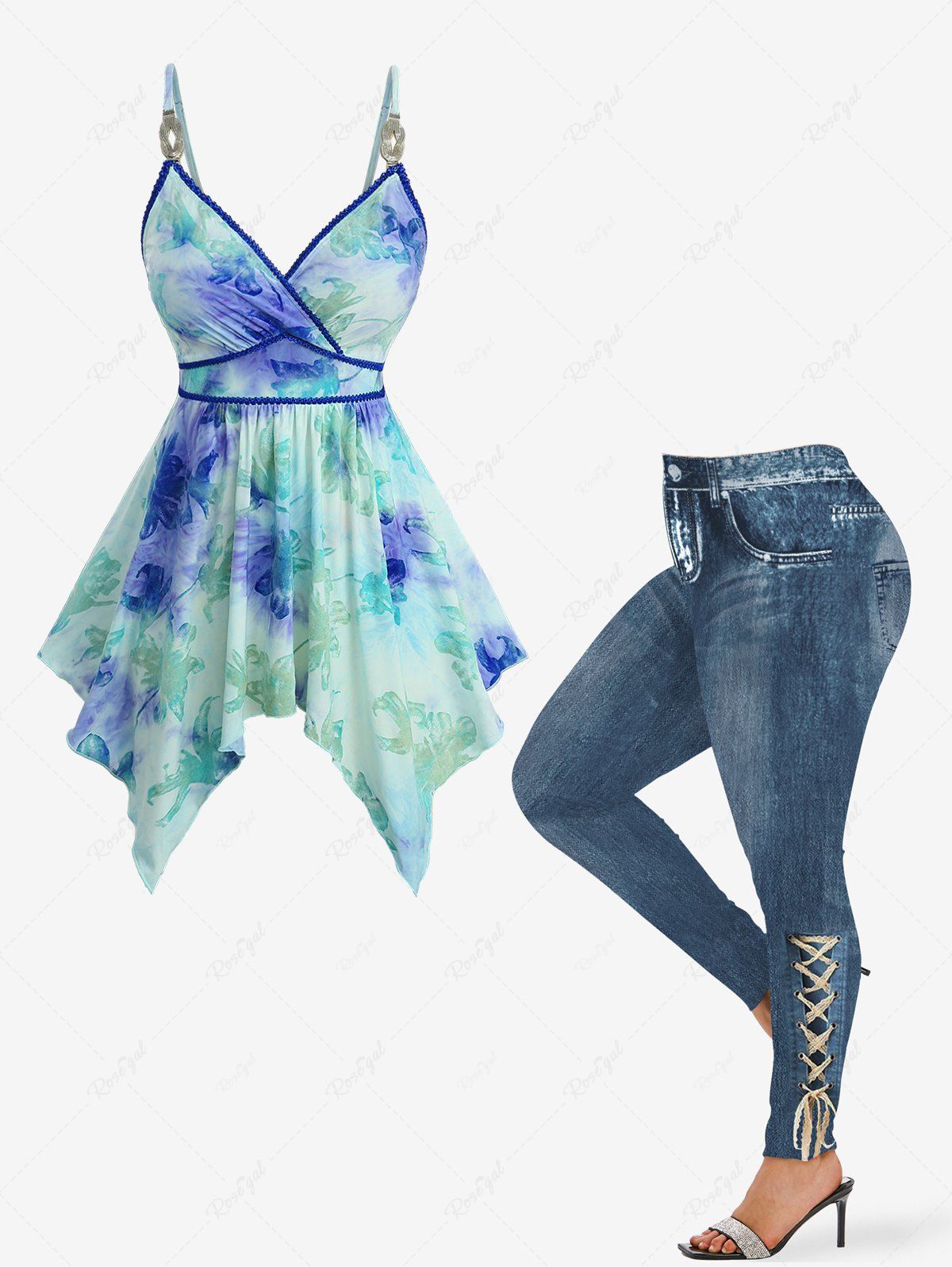 Affordable Tie Dye Graphic Flower Flocking Surplice Handkerchief Top and Distressed Ombre Denim Print Leggings Plus Size Outfit  