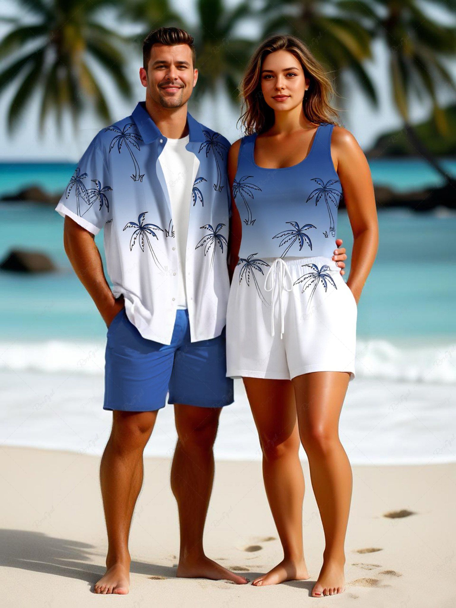 Ensemble chemise et barboteuse hawaïennes assorties, tenue de plage grande taille, imprimé cocotier ombré colorblock, pour couples Bleu 