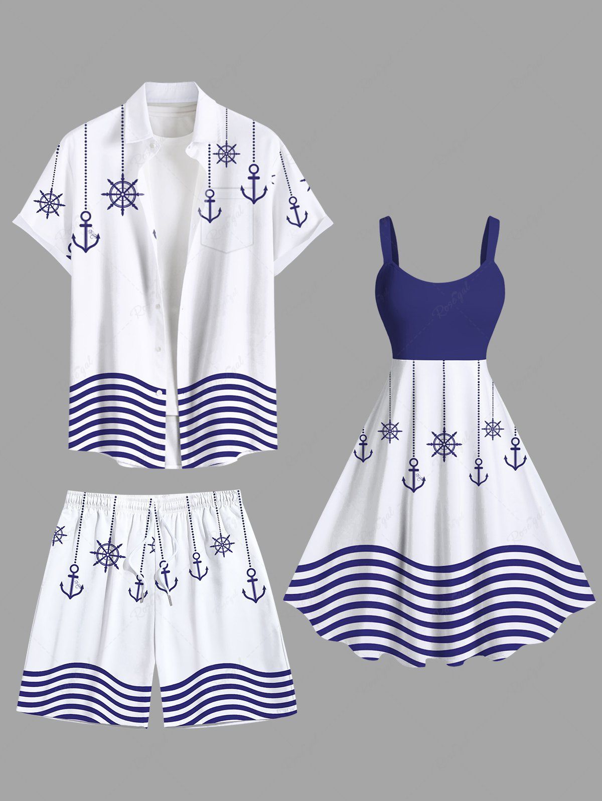 Tenue de plage hawaïenne assortie grande taille à imprimé ancre et vagues pour couples Blanc 