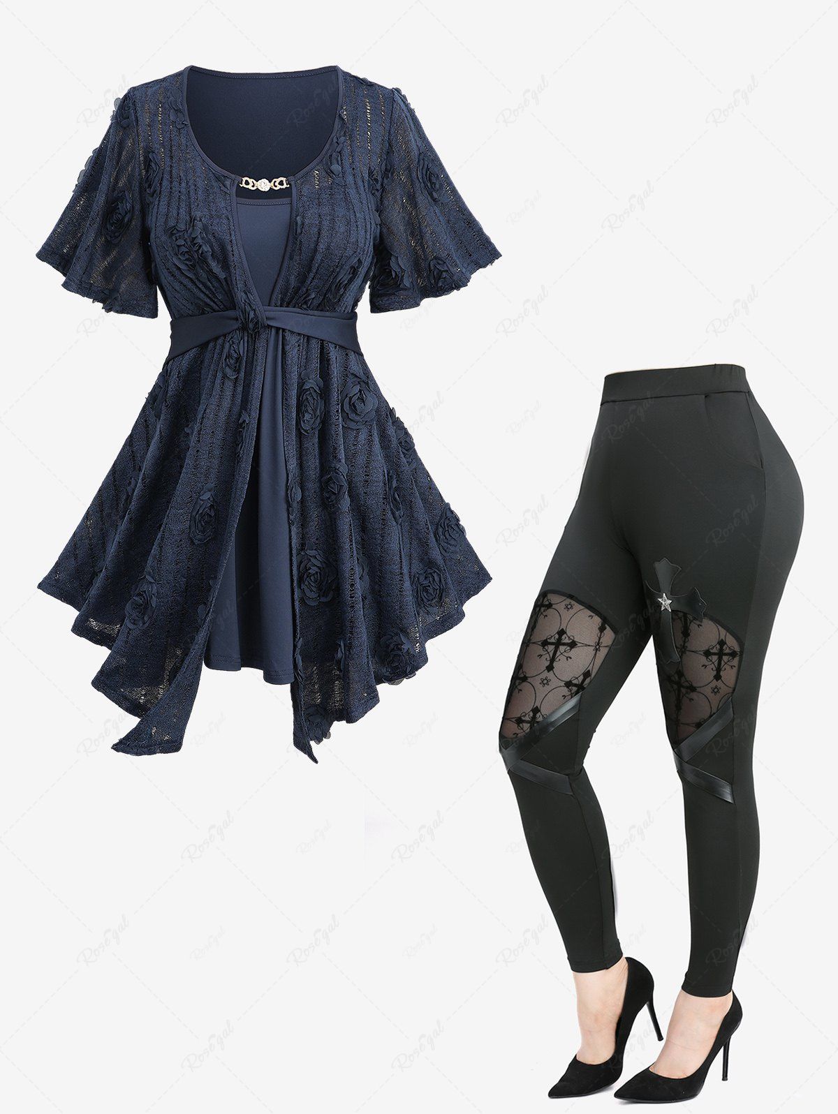 Shops Rose Appliques Heart Chain Panel Top and Flocking Mesh Leggings Plus Size Outfit  