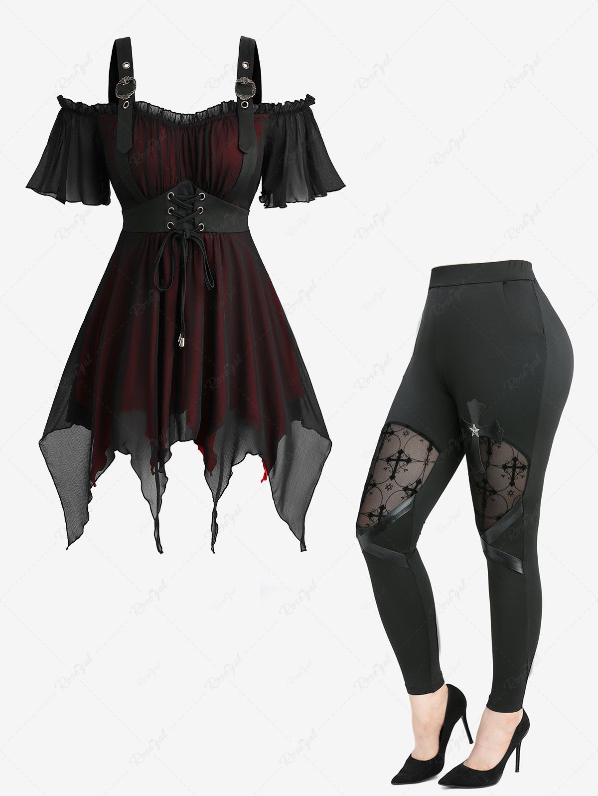 Best Lace Up Cold Shoulder Asymmetrical Blouse and Flocking Mesh Leggings Plus Size Outfit  