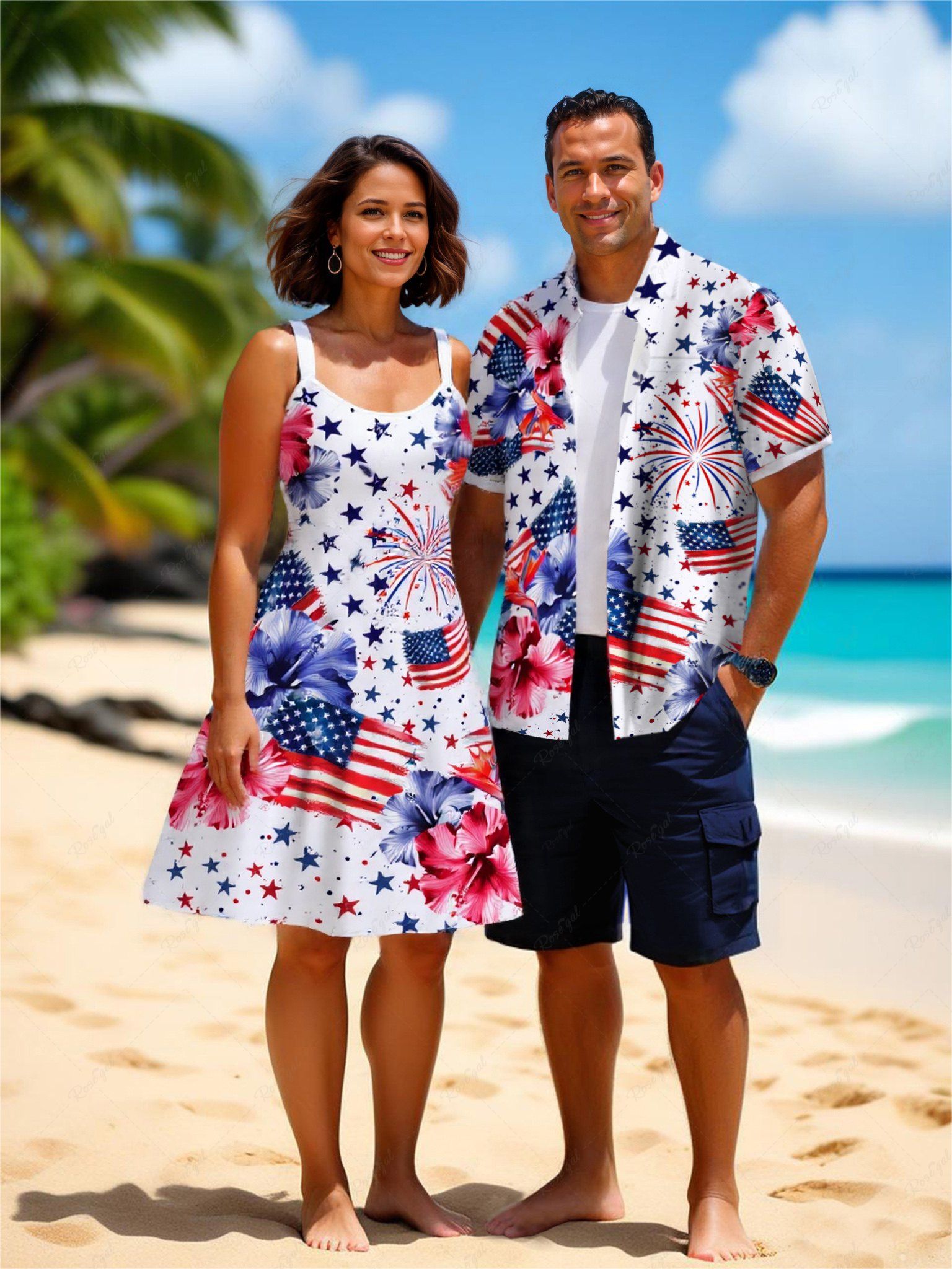 Shop Patriotic American Flag Fireworks Hibiscus Floral Print Plus Size Matching Hawaii Beach Outfit For Couples  