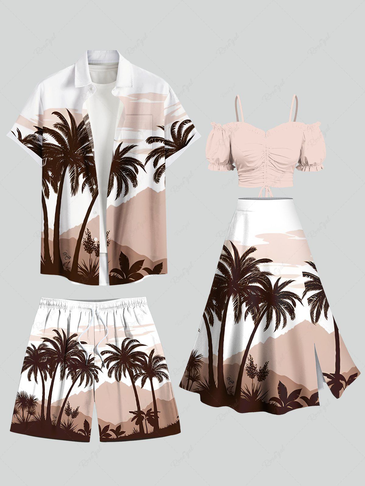 Tenue de plage hawaïenne assortie grande taille à imprimé cocotiers, montagnes et nuages, pour couples café 