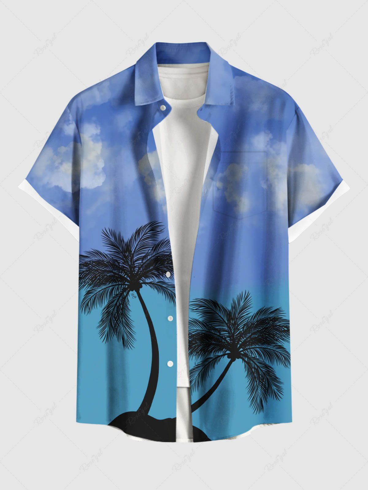 Chemise hawaïenne grande taille à imprimé cocotiers et ciel ombré pour homme Bleu L