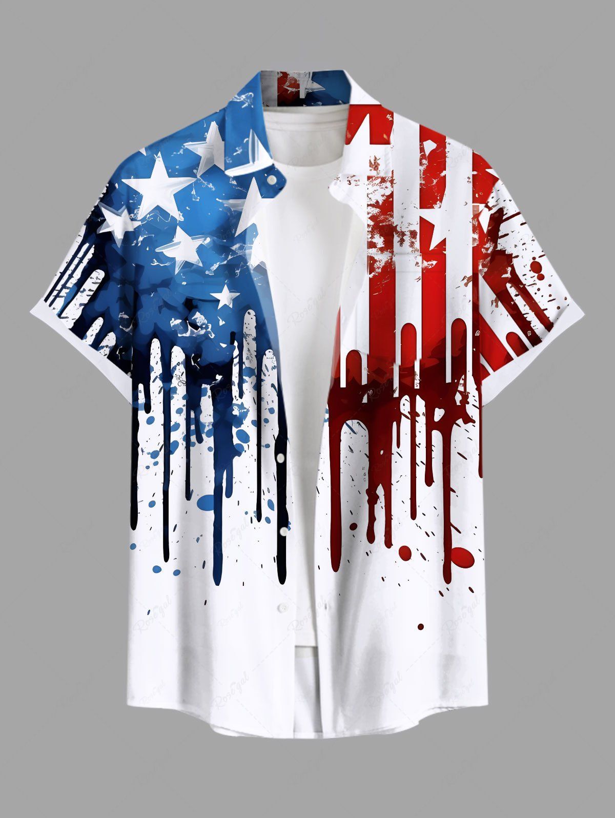 Trendy Plus Size Painting Splatter Patriotic American Flag Print Button Pocket Shirt For Men  
