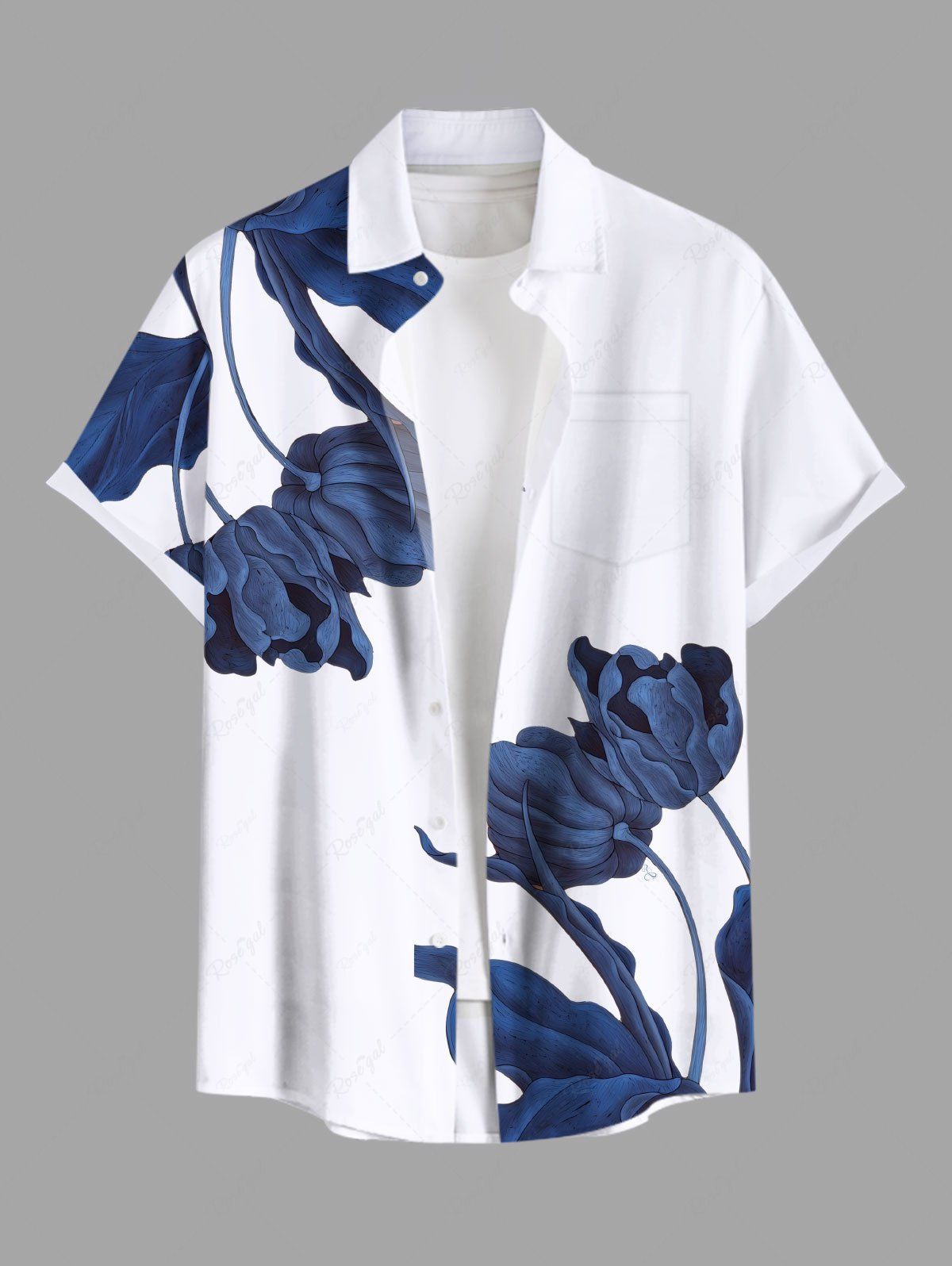 Chemise hawaïenne grande taille à imprimé floral, feuilles et branches, avec poches boutonnées pour homme Blanc S