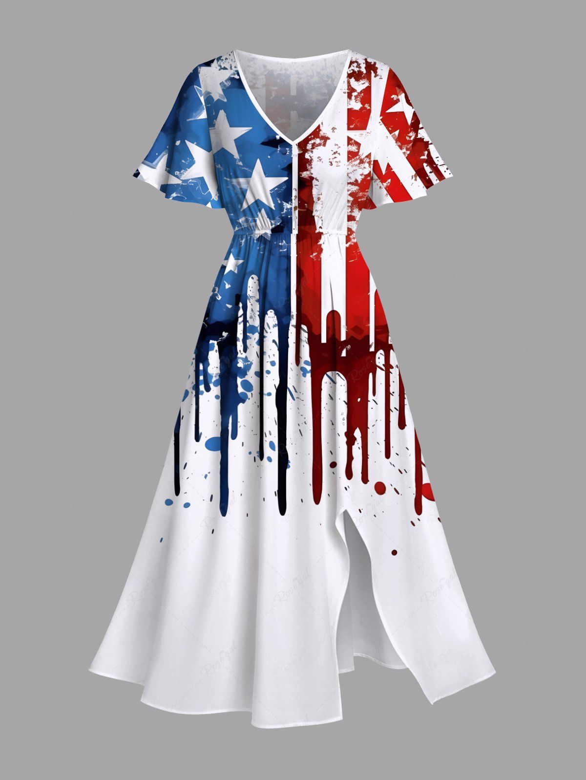 Discount Plus Size Painting Splatter Patriotic American Flag Print Split Pocket A Line Midi Dress  