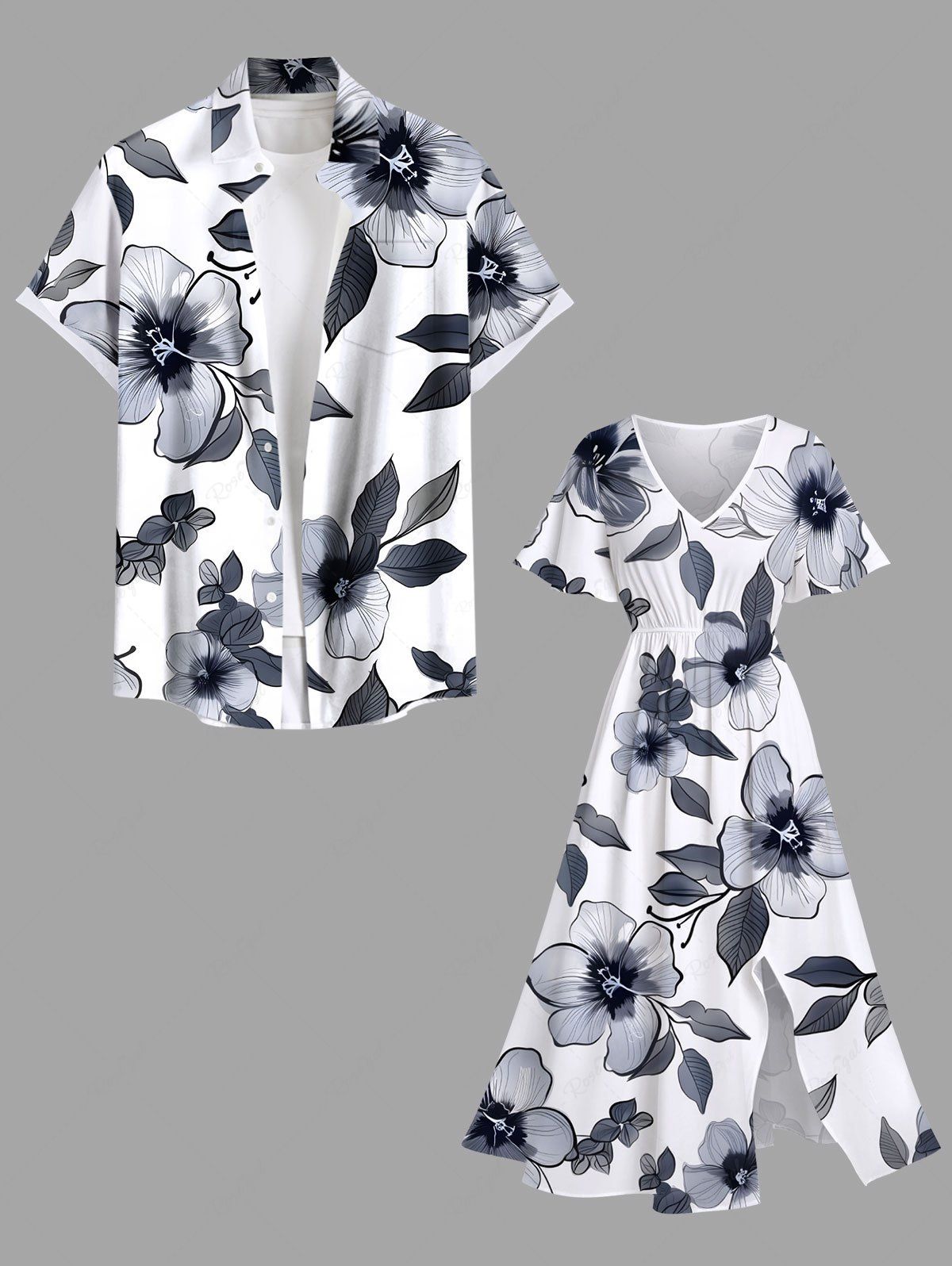 Outfits Hibiscus Flower Leaf Branch Print Plus Size Matching Hawaii Beach Outfit For Couples  