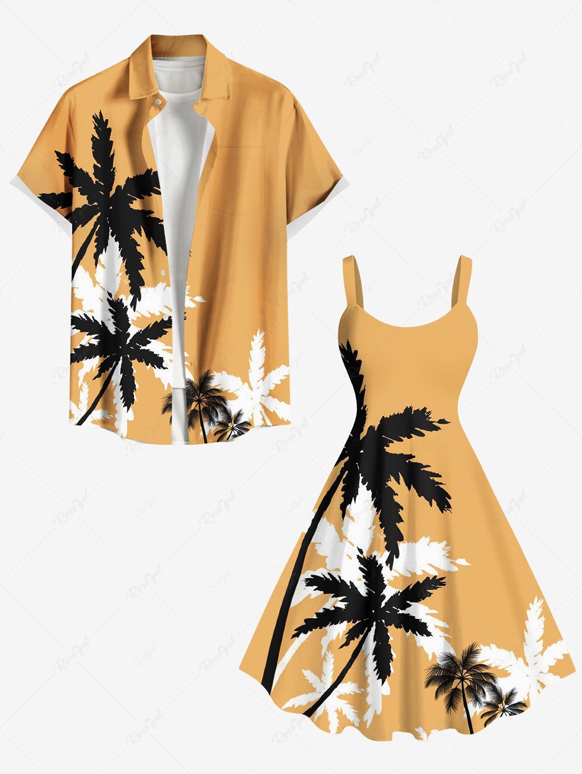 Tenue de plage hawaïenne assortie grande taille à imprimé cocotier bicolore pour couples Deep Yellow 