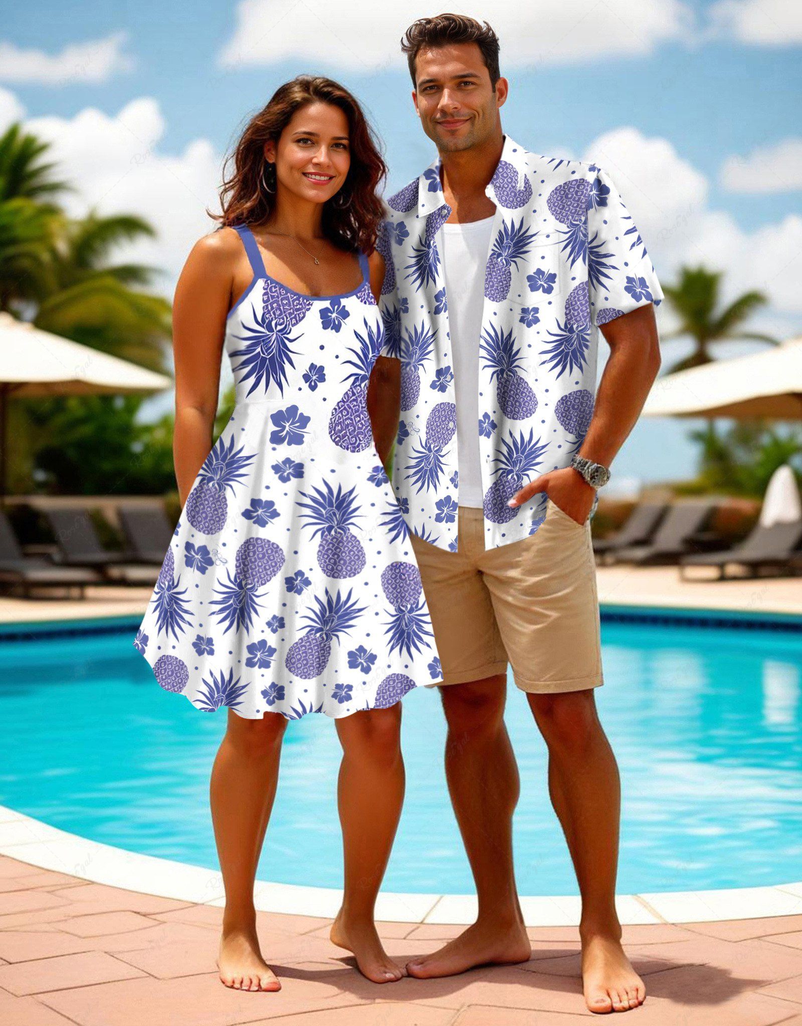 Tenue de plage hawaïenne assortie grande taille à imprimé ananas et hibiscus pour couples Blanc 