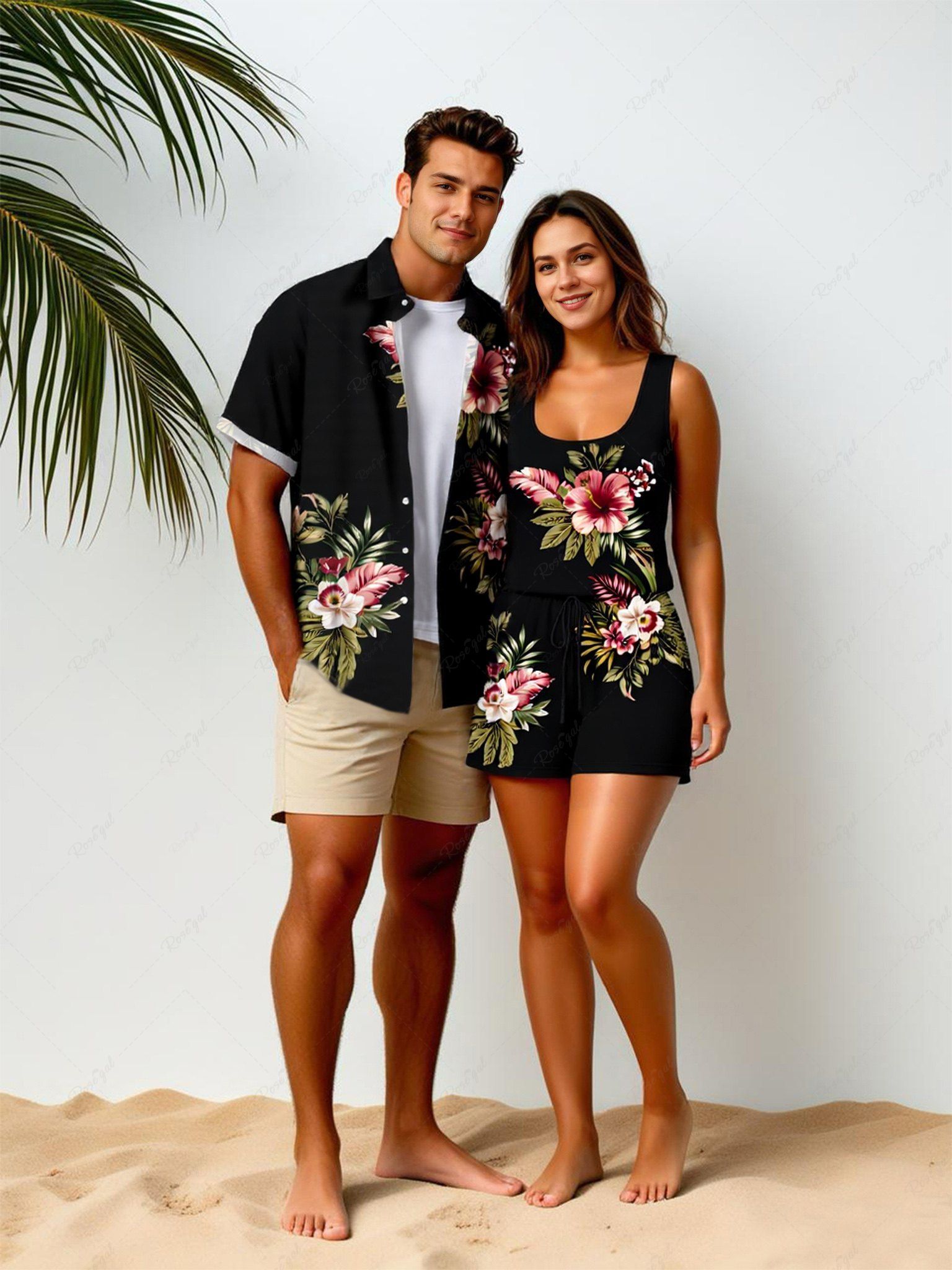 Matching Hawaii Shirt and Romper Plus Size Beach Outfit Tropical Leaf Hibiscus Printed for Couples