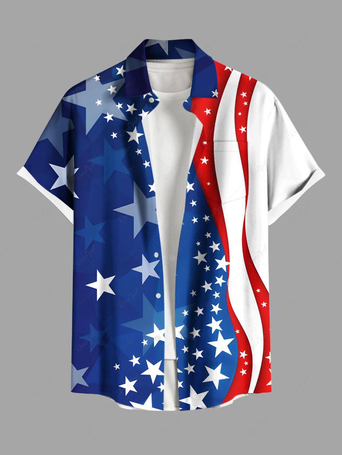 Chemise grande taille à boutons et poches, imprimé drapeau américain patriotique, pour homme Bleu 5XL