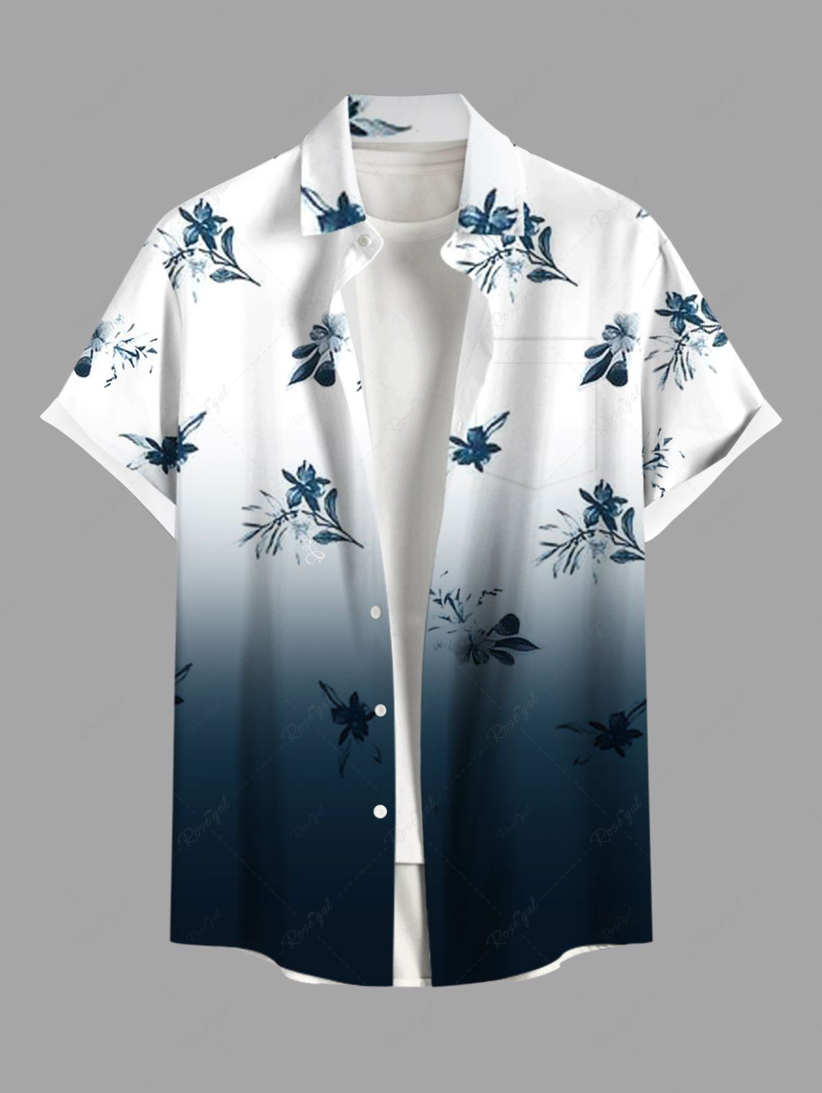 Chemise hawaïenne grande taille à imprimé floral ombré et poches boutonnées pour homme Noir L