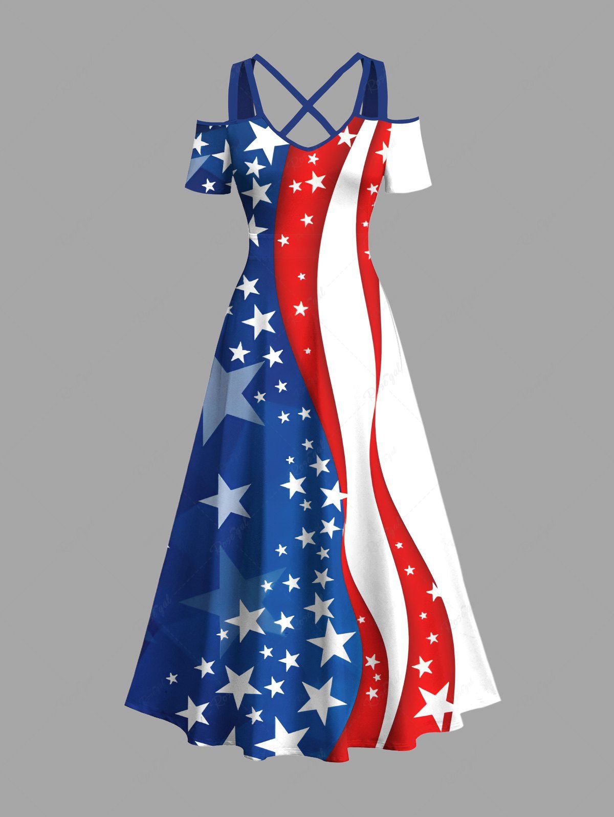 Fancy Plus Size Patriotic American Flag Print Cold Shoulder Crisscross Maxi Dress  