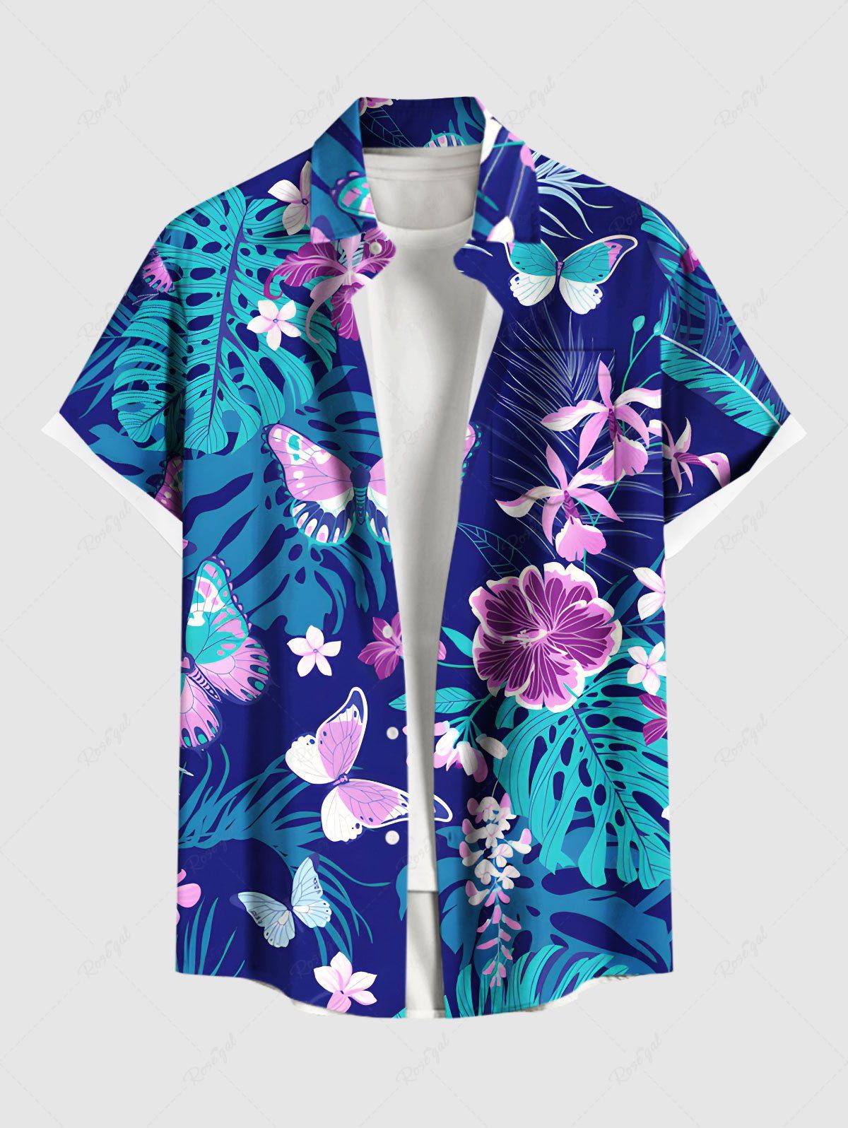 Chemise hawaïenne grande taille à imprimé papillon, hibiscus, feuilles tropicales, boutons et poches pour homme Bleu profond XL