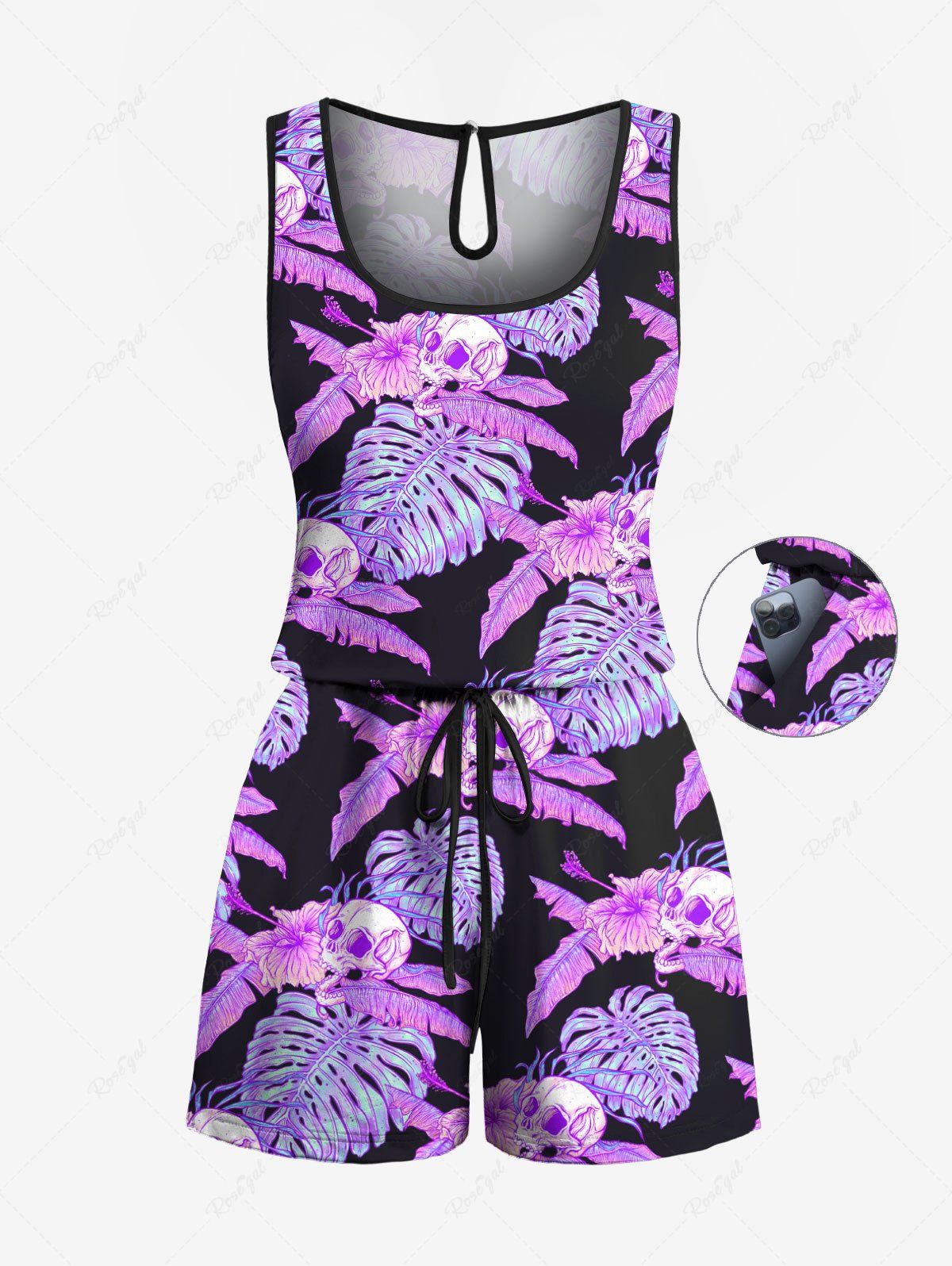 Combinaison hawaïenne cintrée grande taille à imprimé feuilles tropicales, hibiscus, fleurs et crânes Noir S