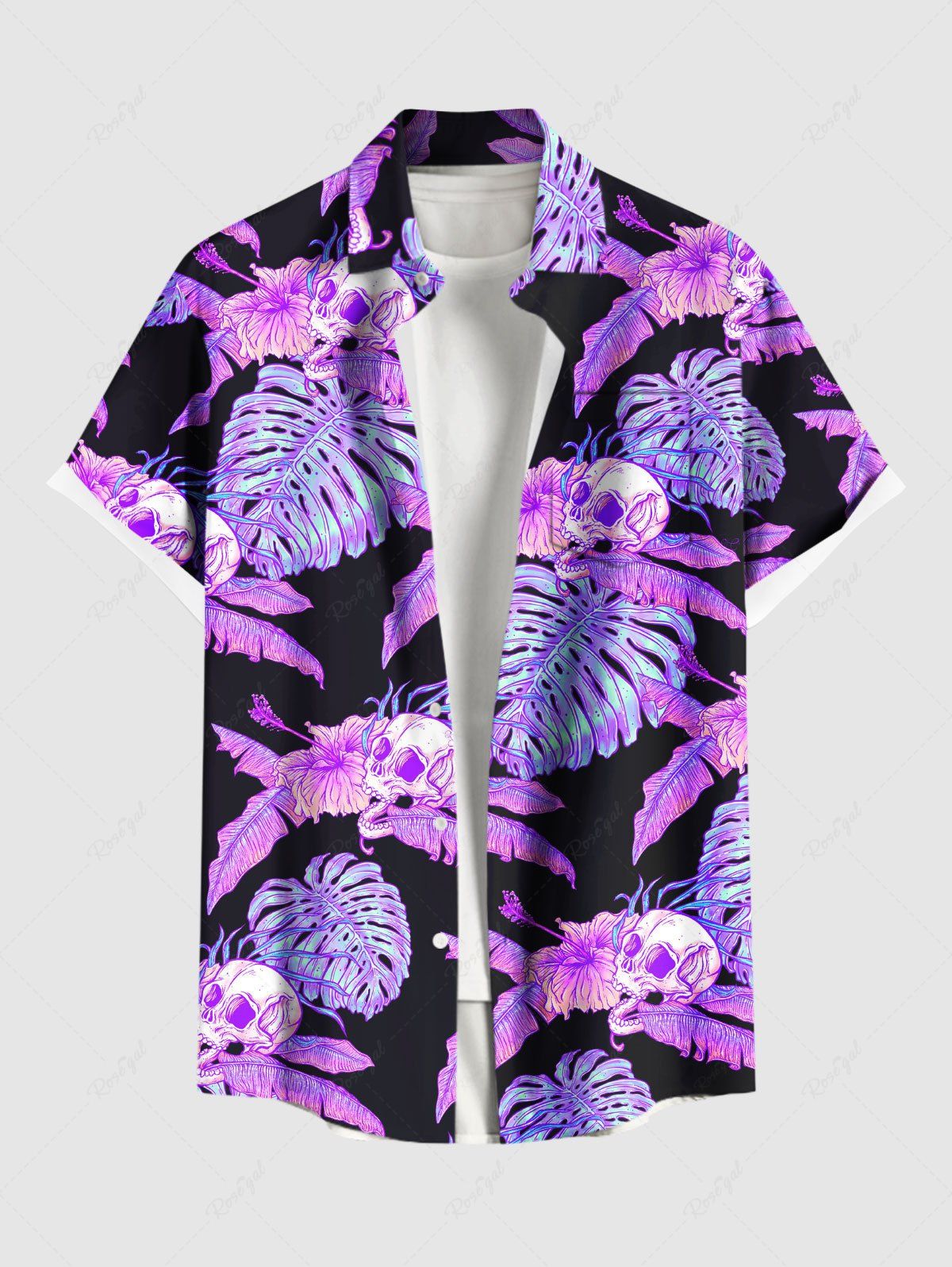 Chemise hawaïenne grande taille à imprimé feuilles tropicales, hibiscus, fleurs et crânes, boutons et poches pour homme Noir 3XL
