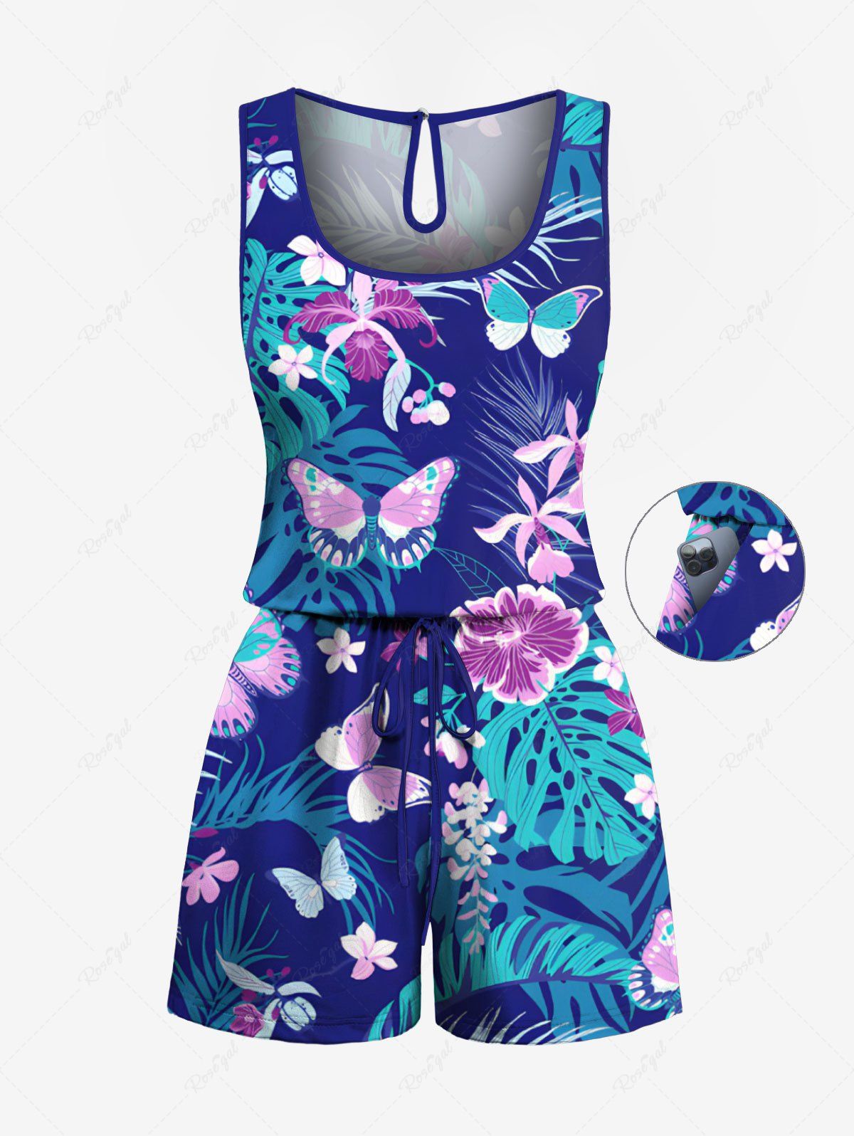 Combinaison hawaïenne cintrée grande taille à imprimé papillon, fleurs d'hibiscus et feuilles tropicales Bleu Ciel XXS